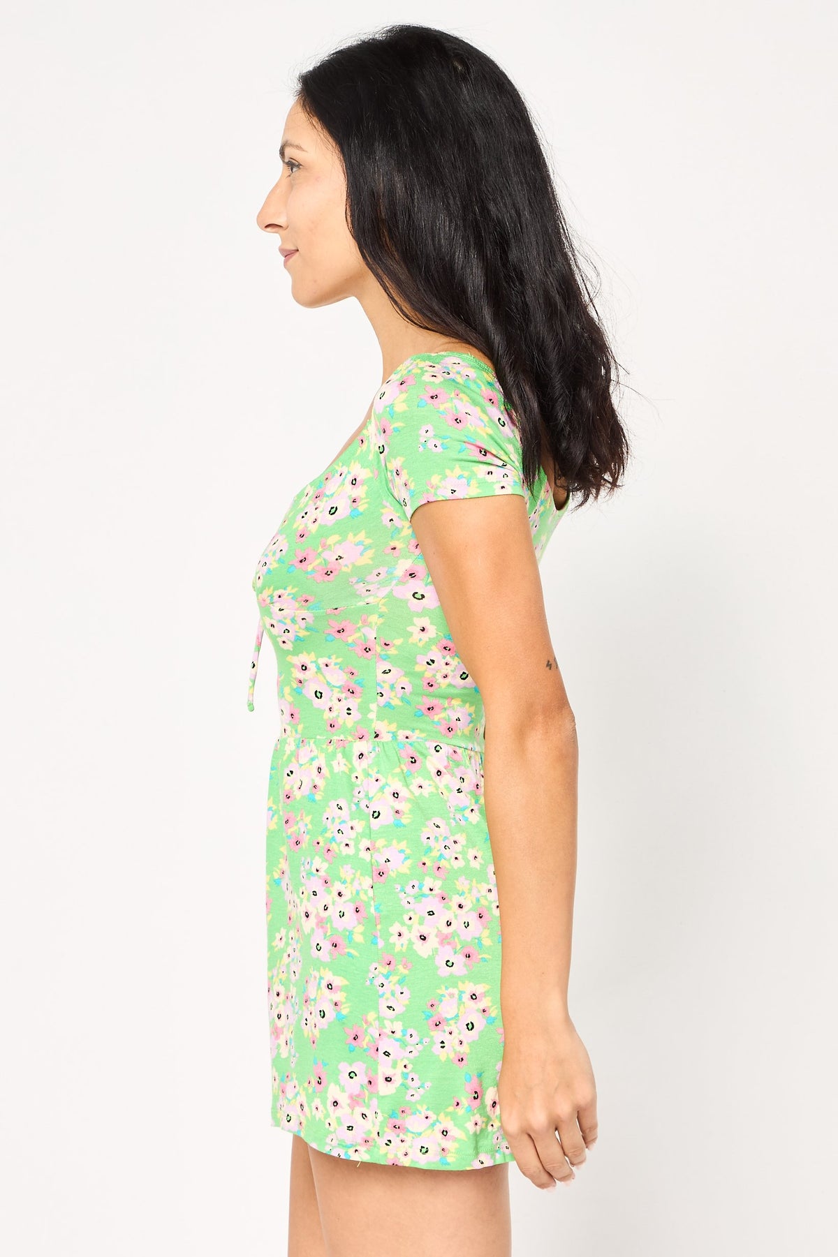 Diamond Neck Floral Short Sleeves Playsuit