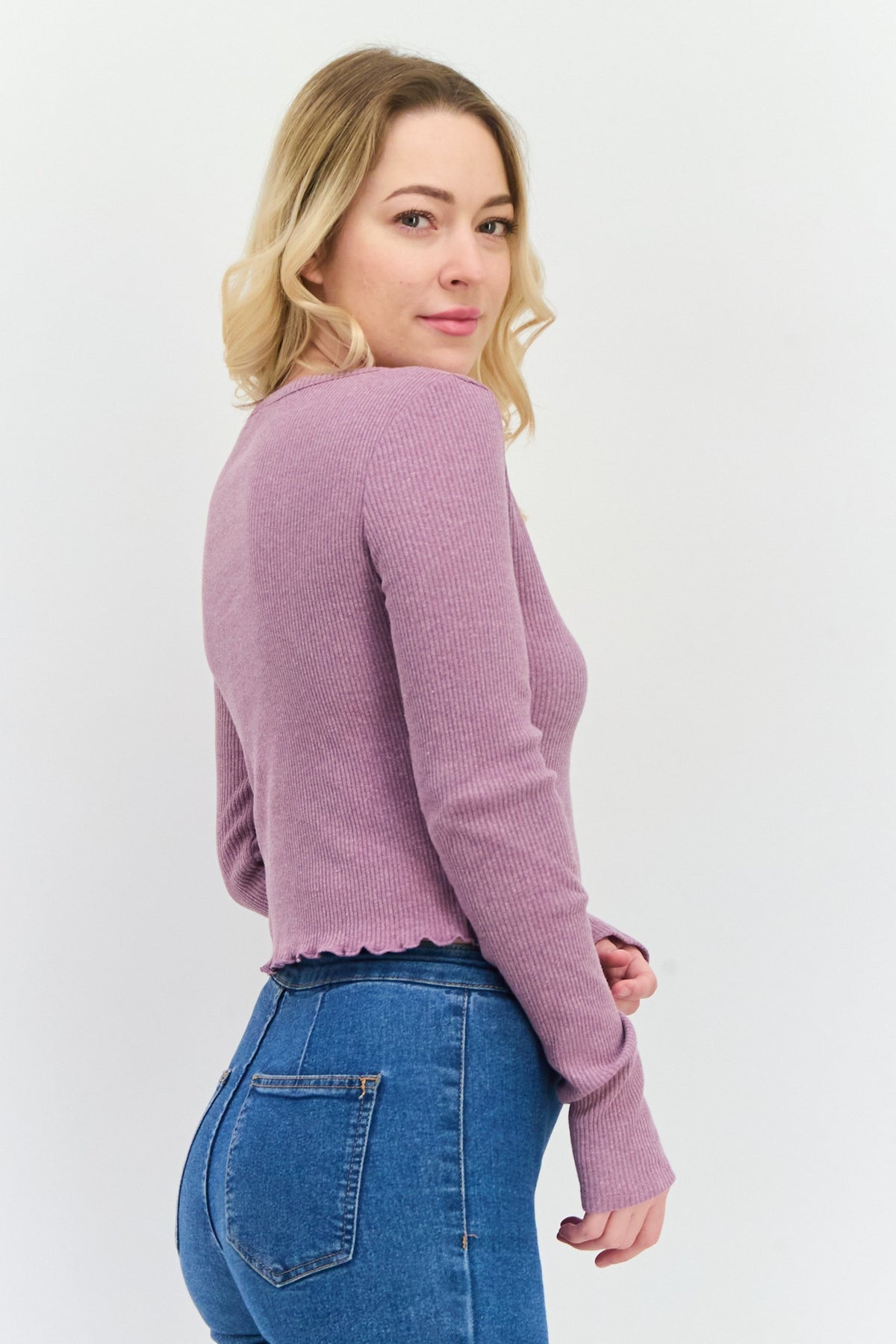 V-Neck Long Sleeves Ribbed Top
