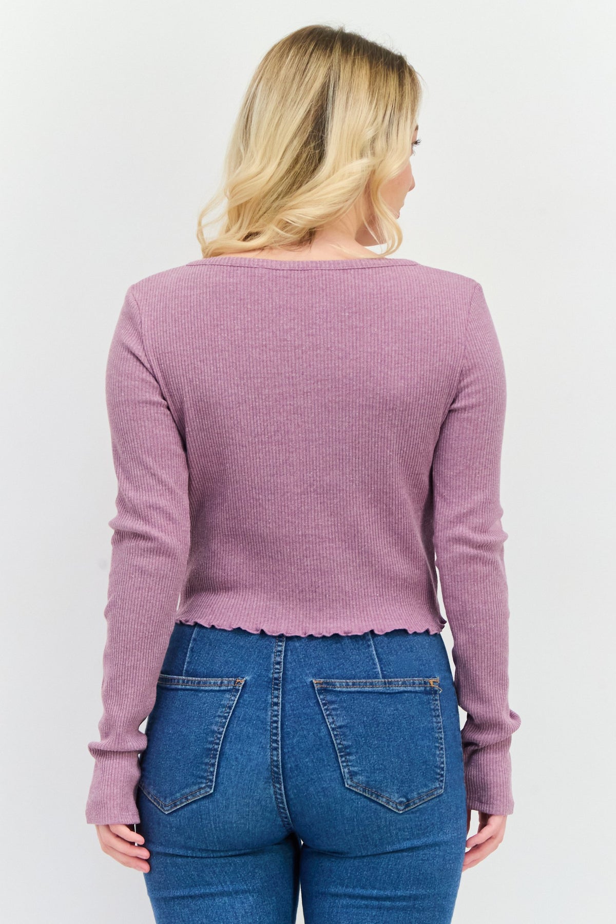 V-Neck Long Sleeves Ribbed Top