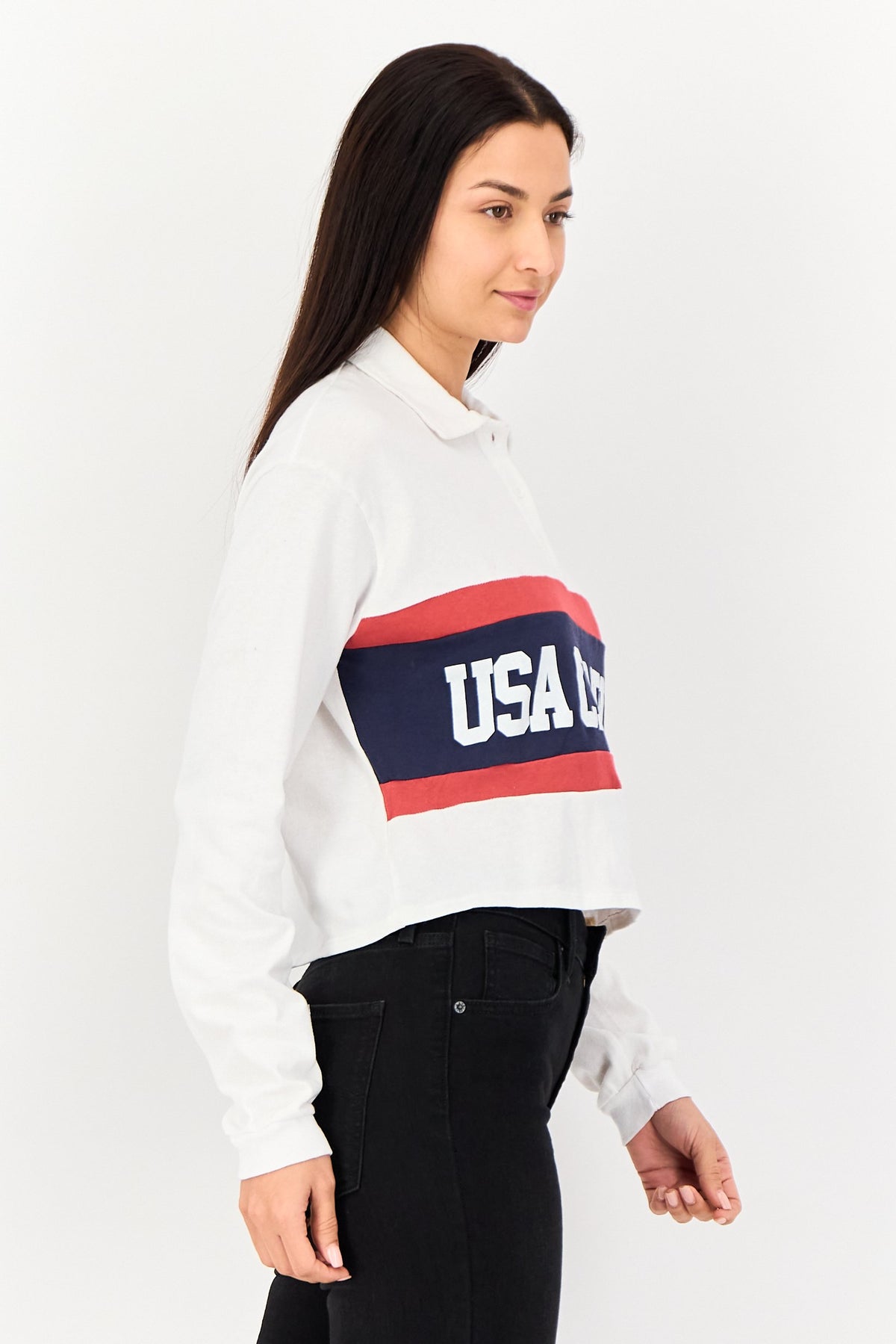 Spread Collar Graphic Print Long Sleeves Crop Sweatshirt