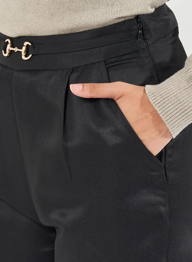 High Rise Straight Leg Pants with Metal Accent
