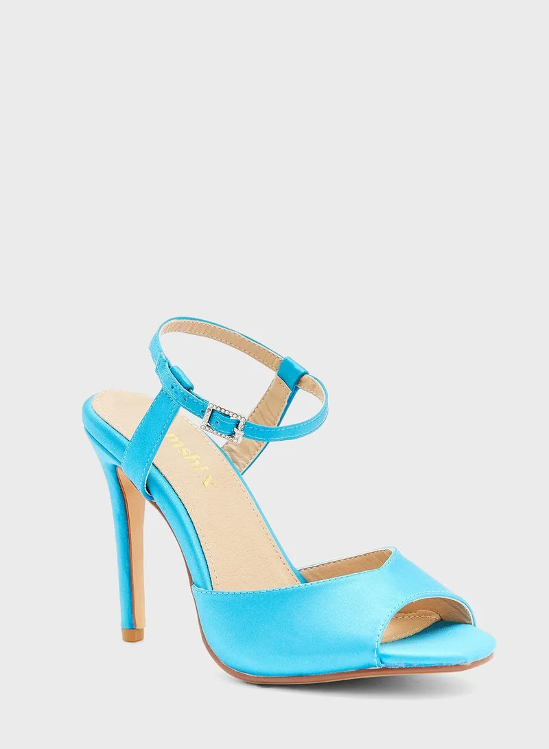 Satin Diamante Buckle Ankle Strap Sandal