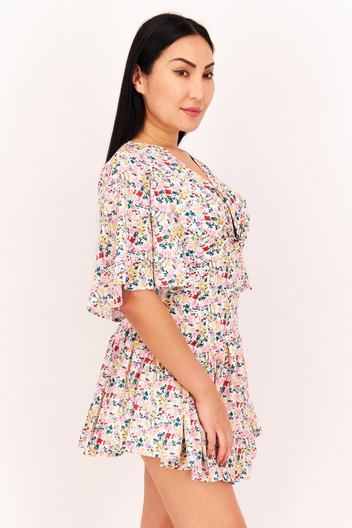 Tie Neck Short Sleeve Floral Playsuit