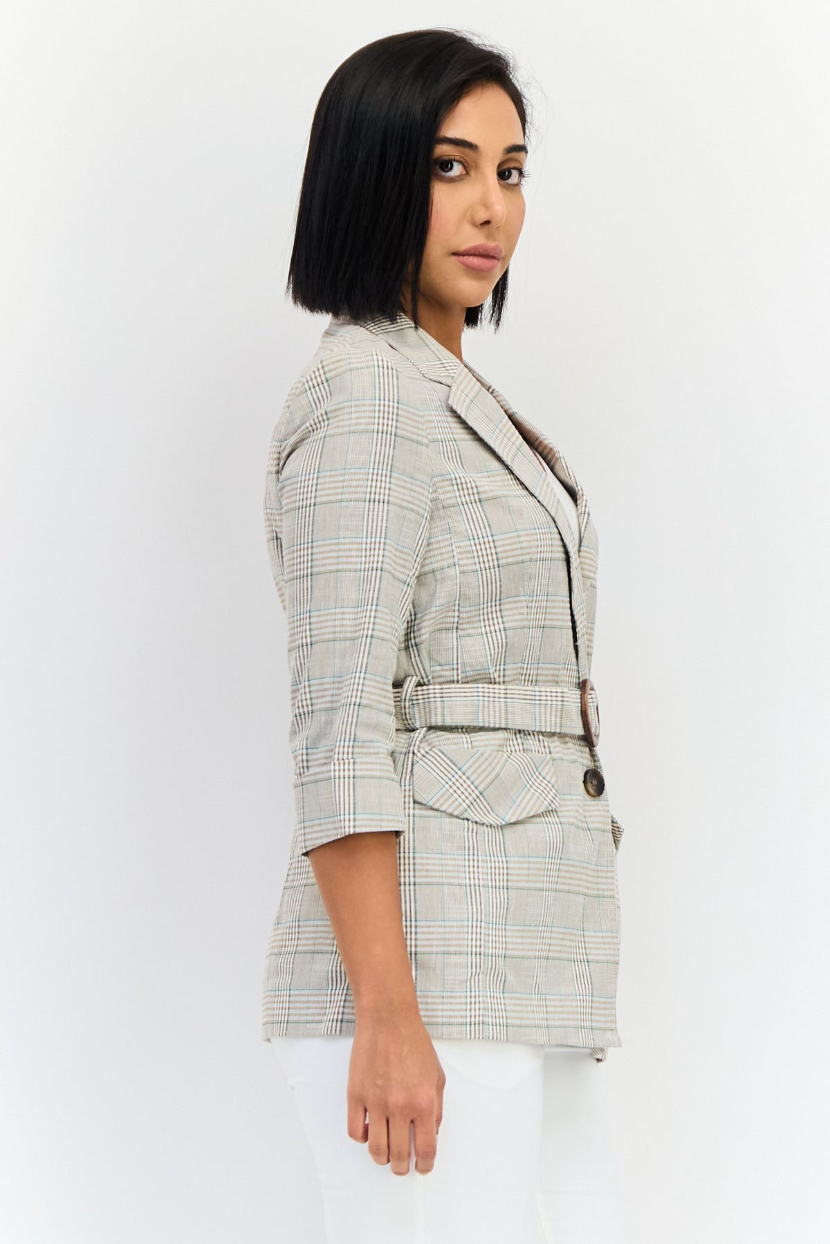 Regular Fit Plaid Belted Blazer