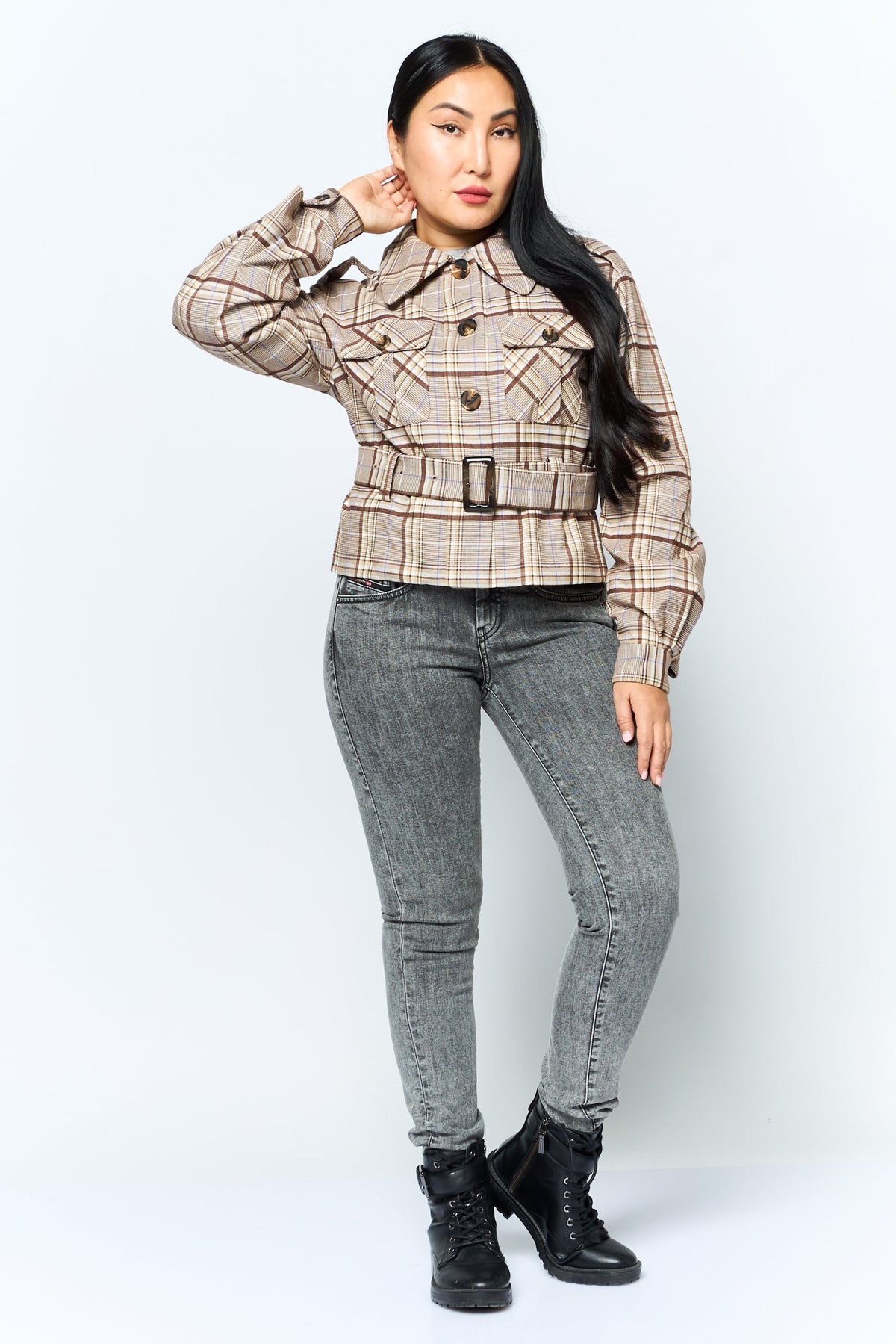 Checkered Belted Jacket Shirt