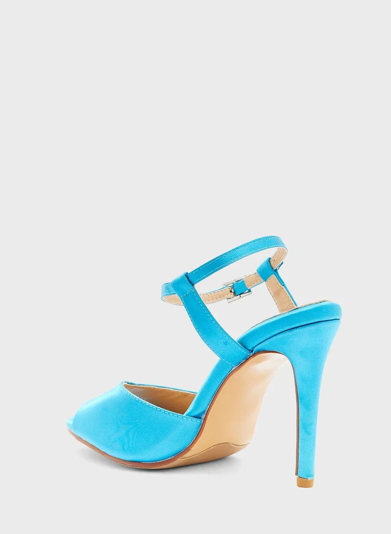 Satin Diamante Buckle Ankle Strap Sandal