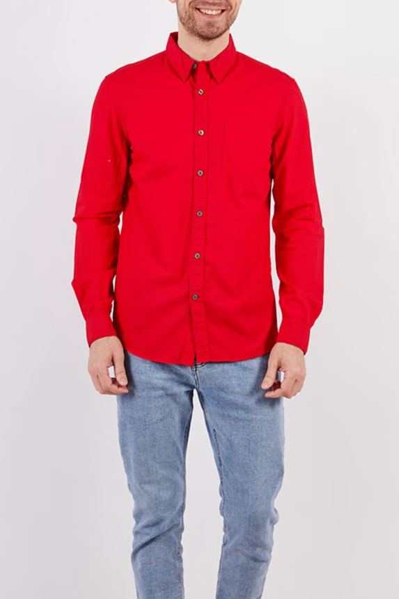 French Connection, Men Spread Collar Long Sleeves Plain Casual Shirt, Red