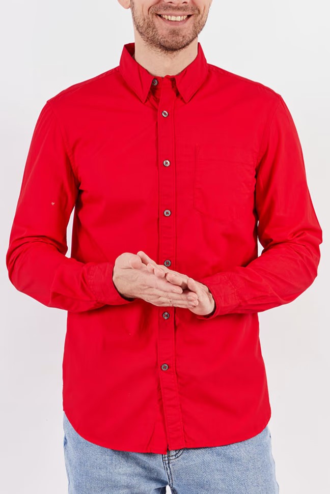 French Connection, Men Spread Collar Long Sleeves Plain Casual Shirt, Red