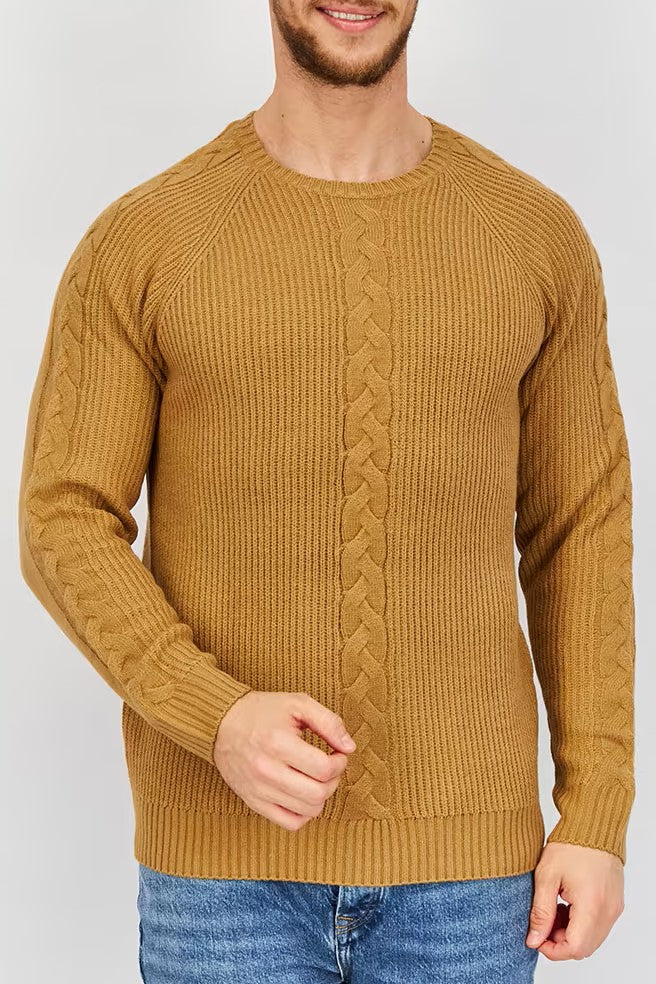 Sorbino, Men Crew Neck Long Sleeves Cable Knit Sweater, Camel