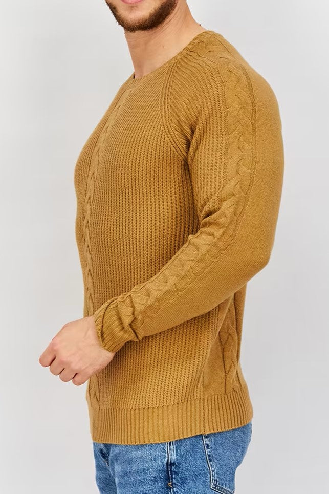 Sorbino, Men Crew Neck Long Sleeves Cable Knit Sweater, Camel