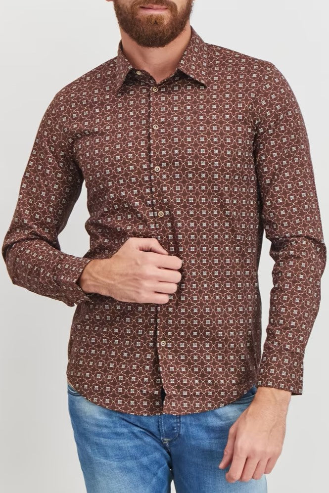 Sorbino, Men Stretch Fit Allover Print Long Sleeve Casual Shirt, Brown Combo