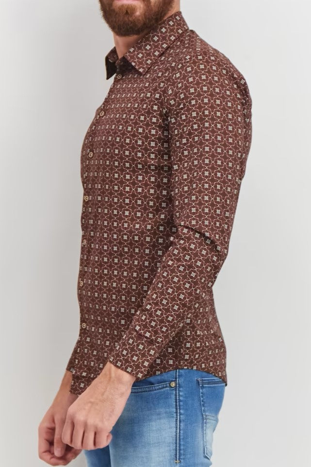 سوربینو، نارینه سټریټ فټ آل اوور چاپ اوږد آستین آرامۍ کمیس، نسواري کومبو