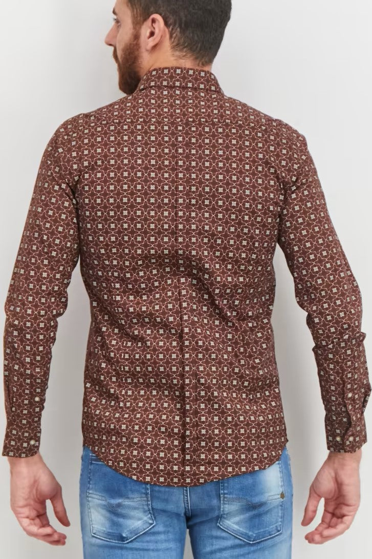 Sorbino, Men Stretch Fit Allover Print Long Sleeve Casual Shirt, Brown Combo