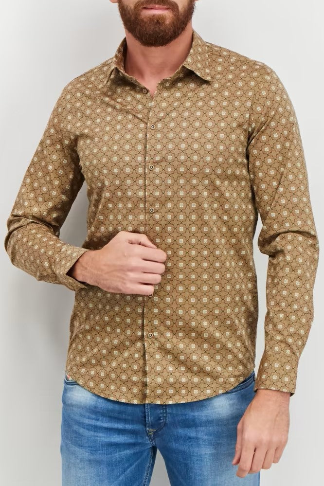 Sorbino, Men Regular Fit Allover Print Long Sleeve Casual Shirt, Tan