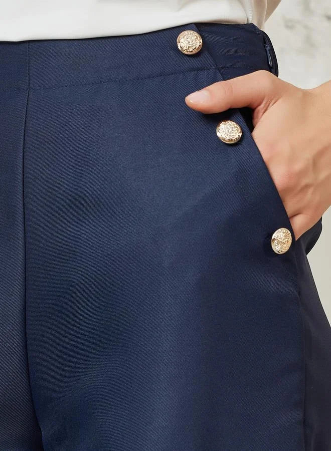 Button Detail Straight Fit Cropped Trousers