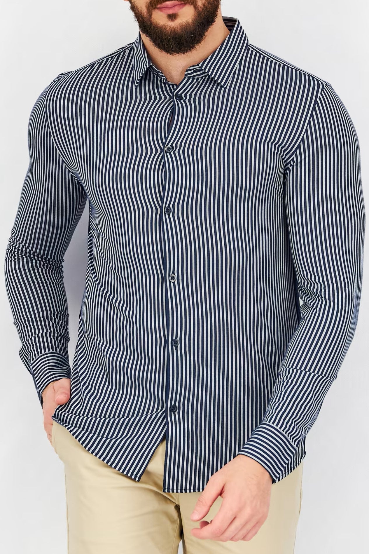 Jack & Jones, Men Slim Fit Long Sleeve Stripe Casual Shirt, Navy Blue/White