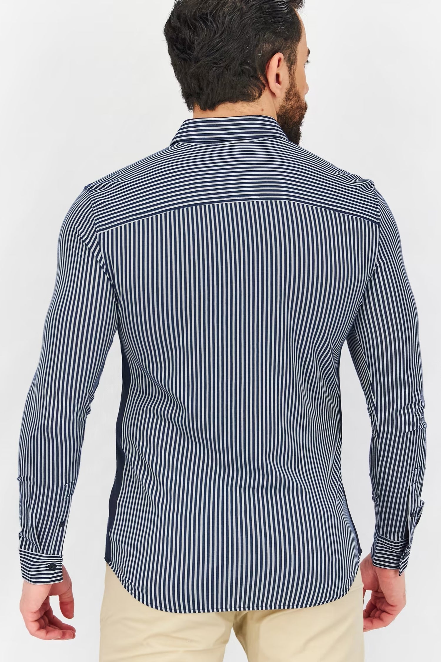 Jack & Jones, Men Slim Fit Long Sleeve Stripe Casual Shirt, Navy Blue/White