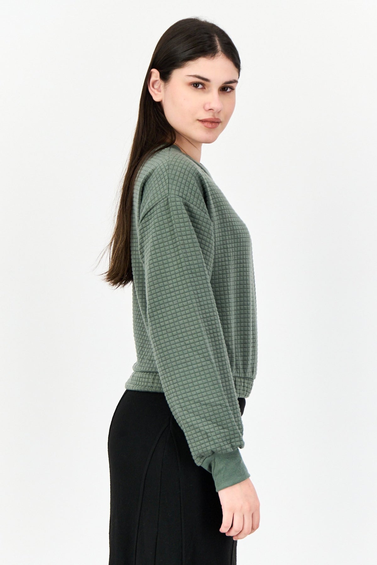 Ribbed Collar Textured Long Sleeves Sweatshirt