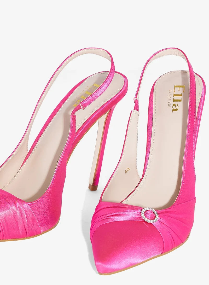 Diamante Trim High Heel Satin Sling Back Pump