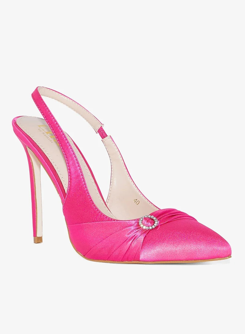 Diamante Trim High Heel Satin Sling Back Pump