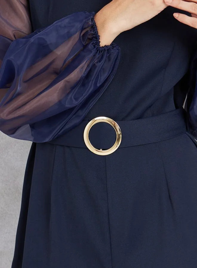 Styli Organza Sleeves Belted Wide Leg Jumpsuit
