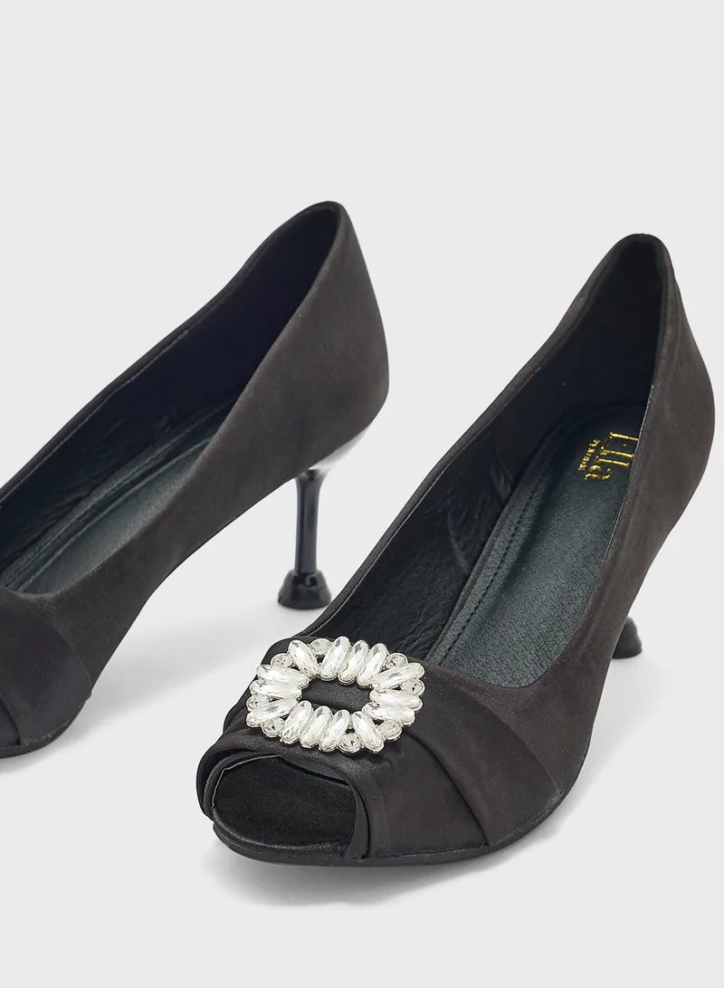 Diamante Trim Pleated Peep Toe Pump