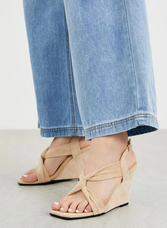 Criss Cross Strap Velvet Wedge Heel Sandals