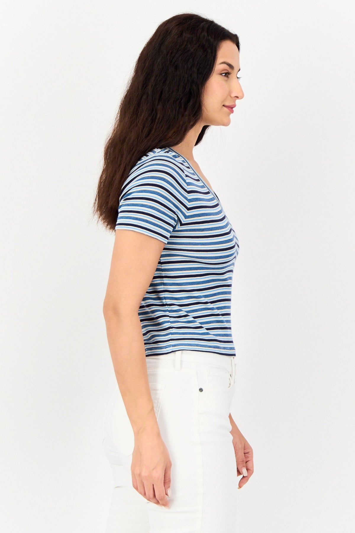 V Neck Short Sleeve Stripe Print T-Shirt