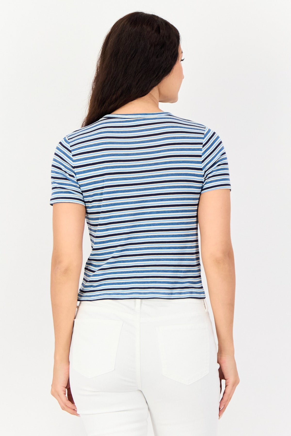 V Neck Short Sleeve Stripe Print T-Shirt