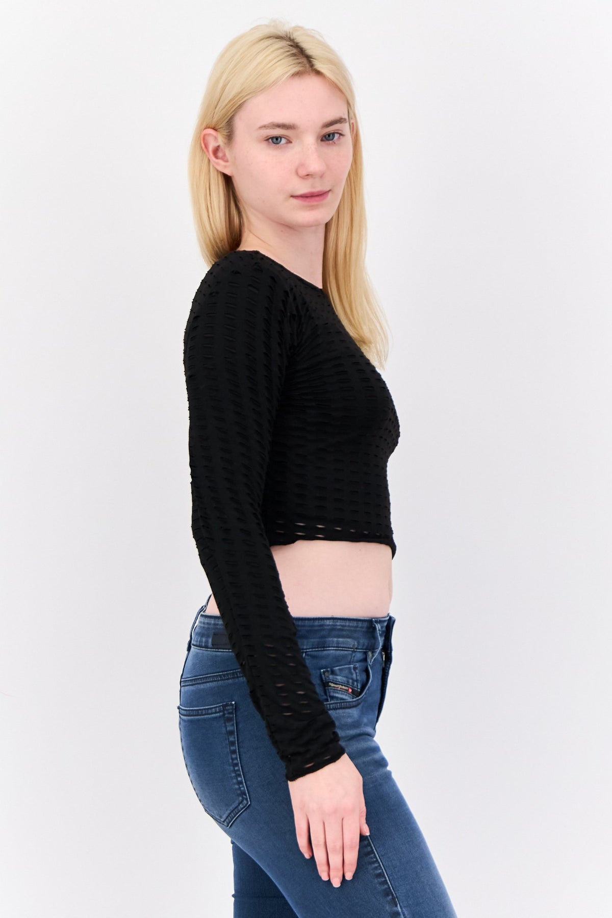 Crew Neck Long Sleeve Eyelet Top
