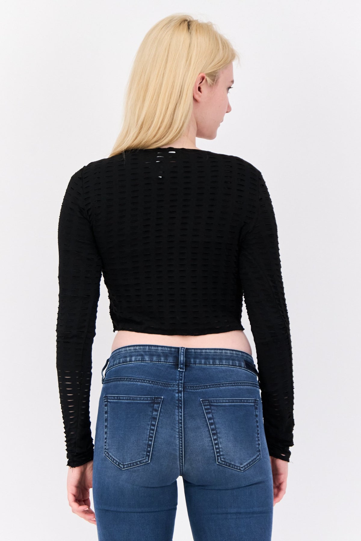 Crew Neck Long Sleeve Eyelet Top