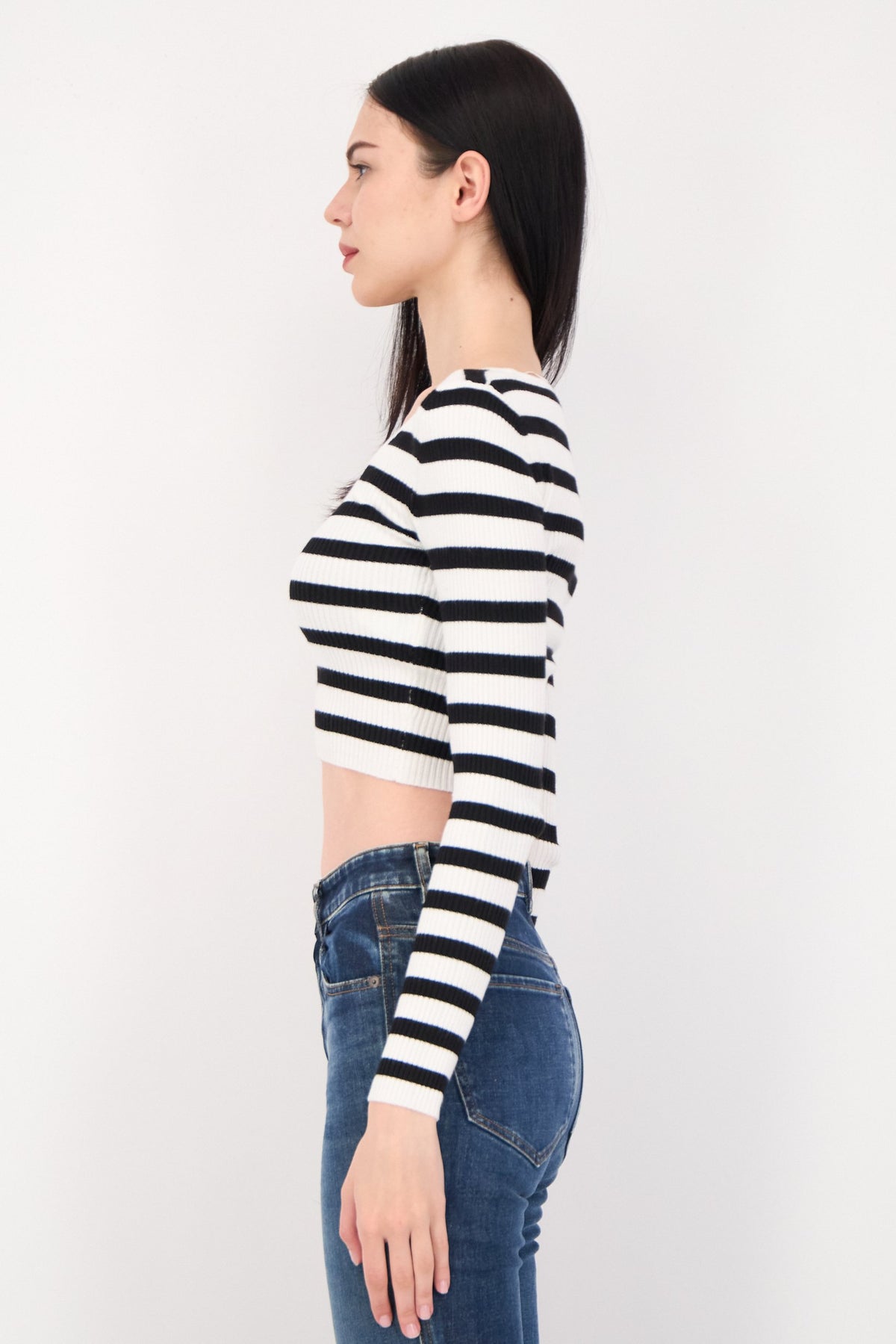 Scoop Neck Long Sleeves Yarn Dye Sweater
