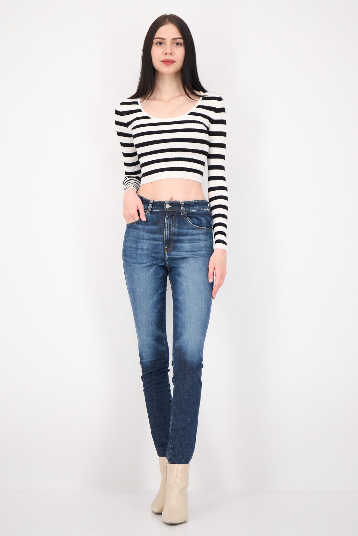 Scoop Neck Long Sleeves Yarn Dye Sweater