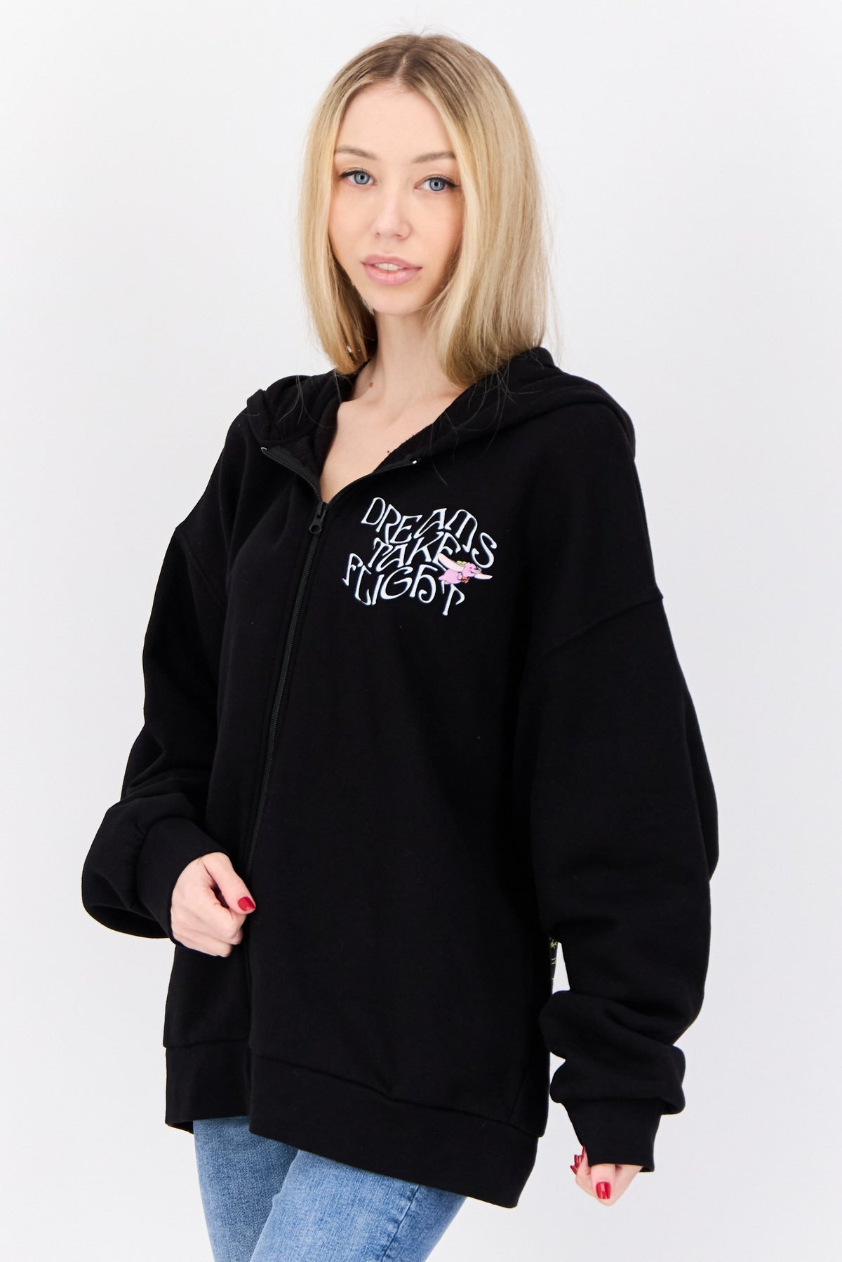 ong Sleeves Full Zip Graphic Print Hoodie