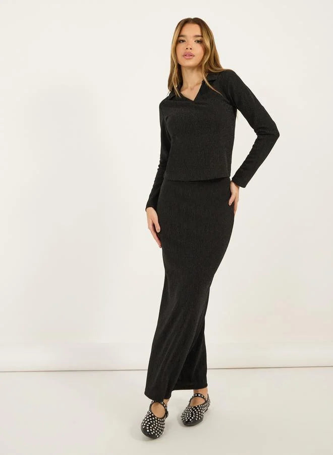 Glitter Look Stretch Fitted Knit Top and Bodycon Maxi Skirt Co-Ords