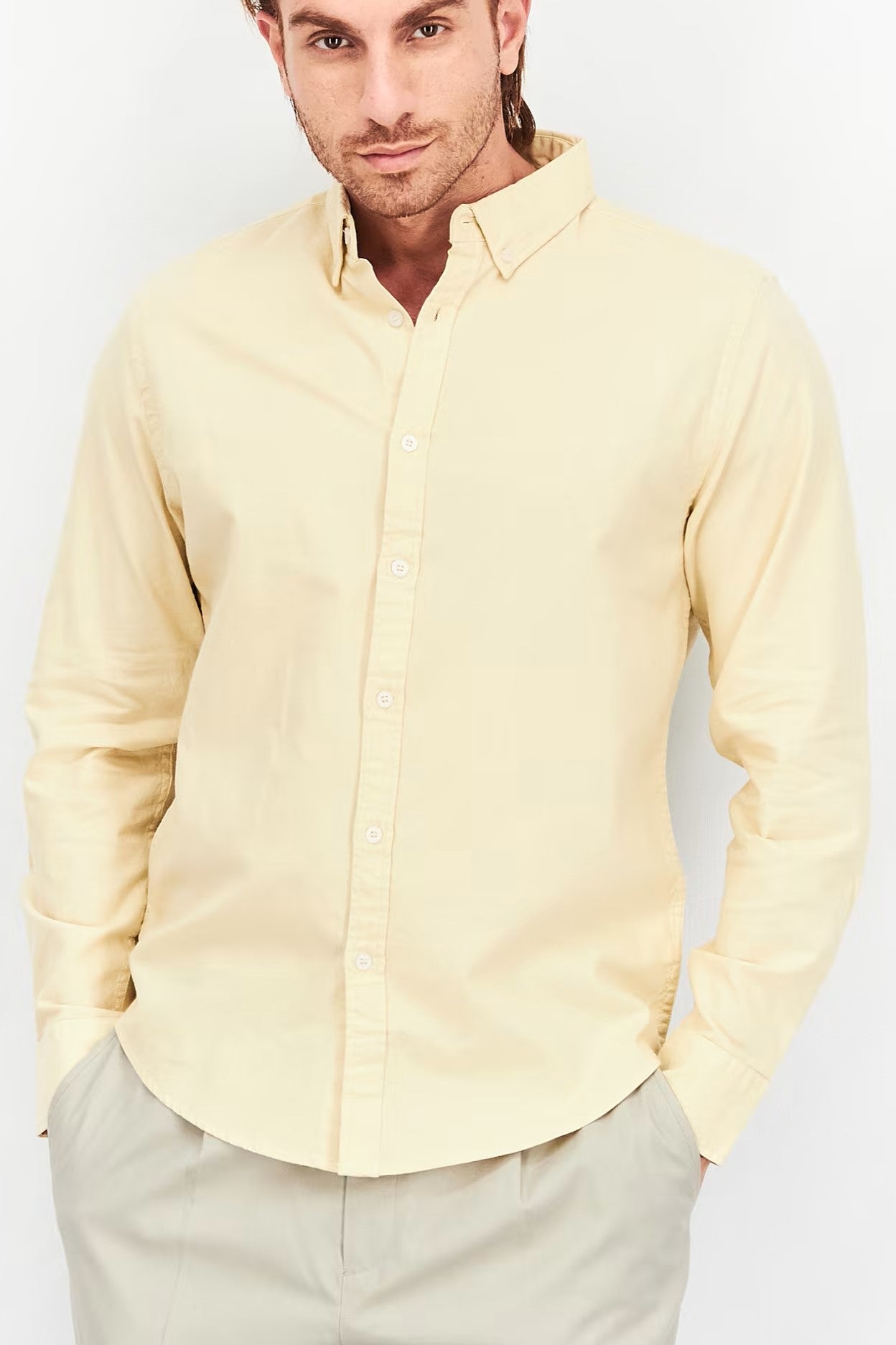 Tahari, Men Regular Fit Plain Long Sleeve Casual Shirt, Tan