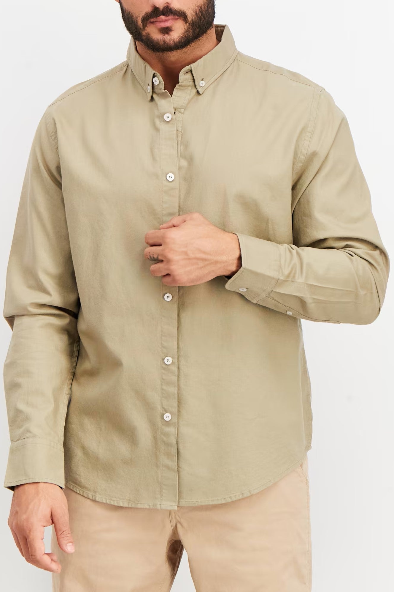 Tahari, Men Spread Collar Long Sleeve Plain Casual Shirt, Olive