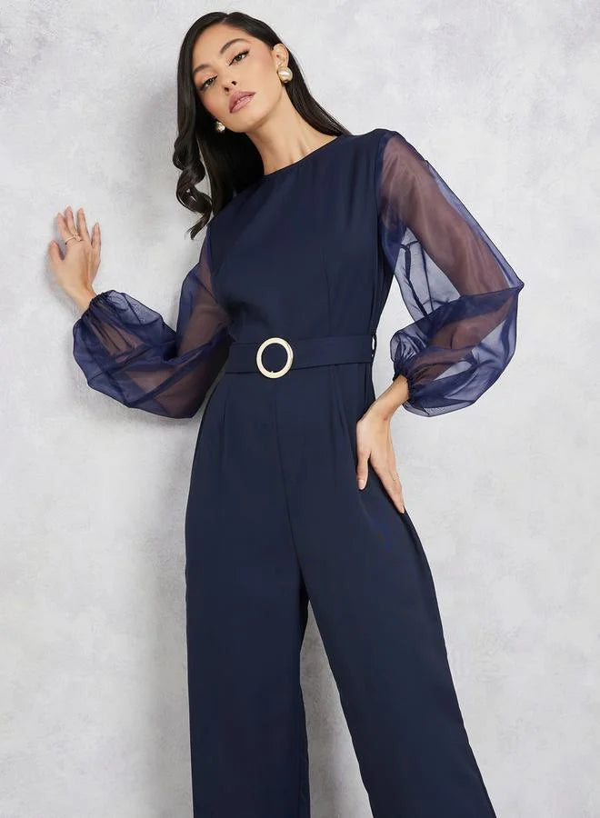 Styli Organza Sleeves Belted Wide Leg Jumpsuit