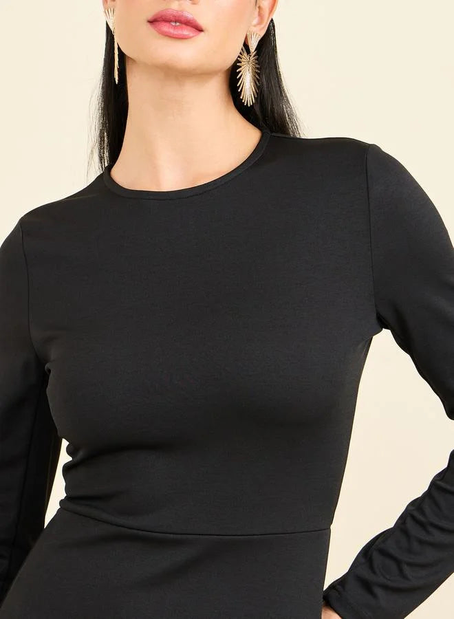 High Neck Asymmetrical Hem A-Line Midi Dress