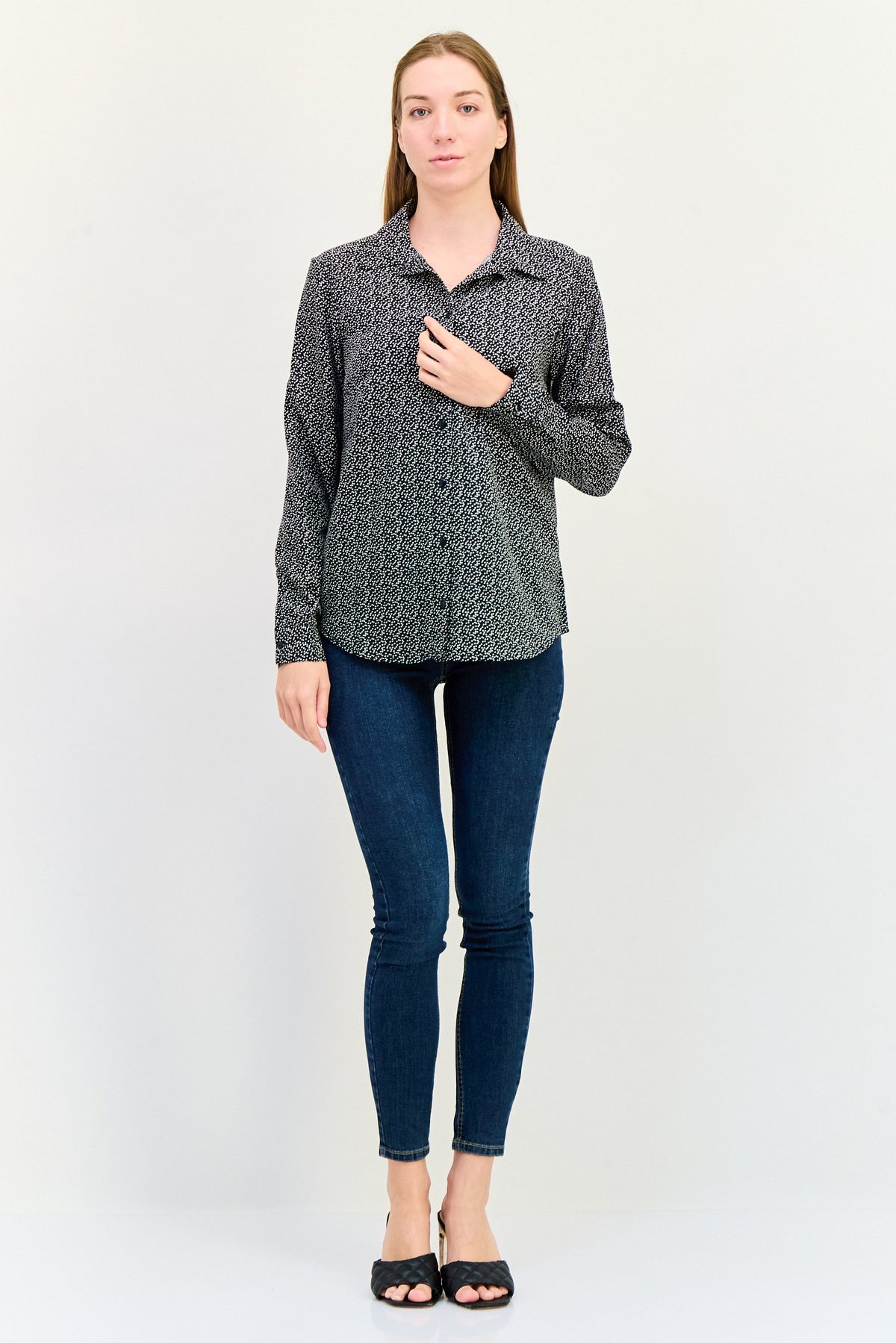 Spread Collar Long Sleeves Allover Print Shirt