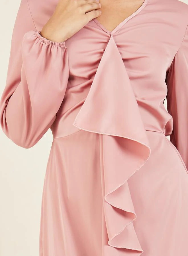 Satin Ruffle Detail Bodycon Maxi Dress