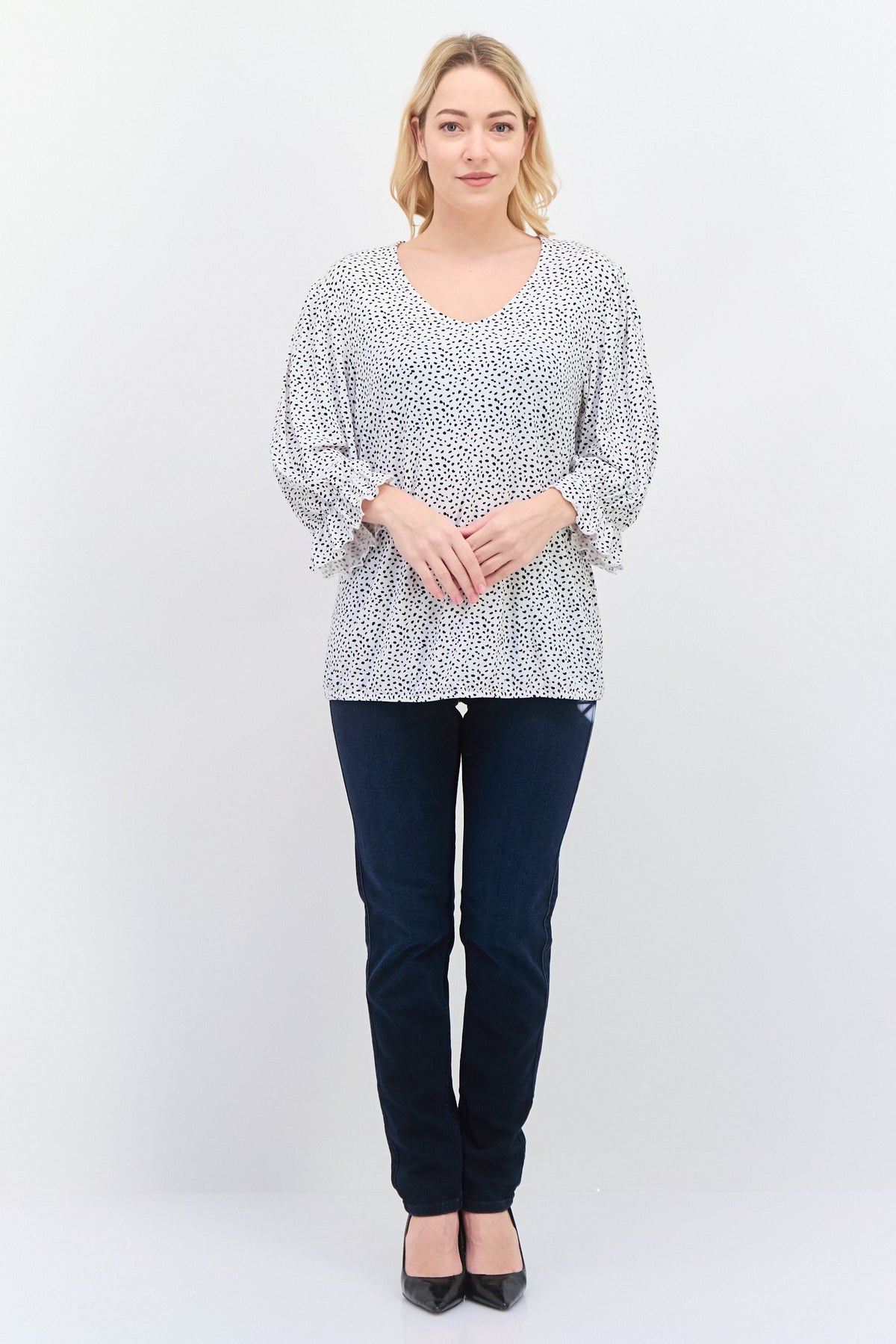 V-Neck 3/4 Sleeve All Over Print Blouse