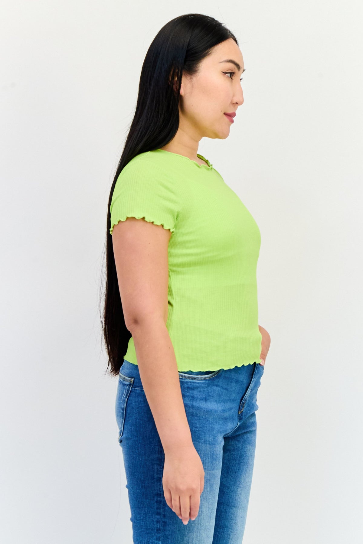 Ruffle Neck Short Sleeve Solid T Shirt