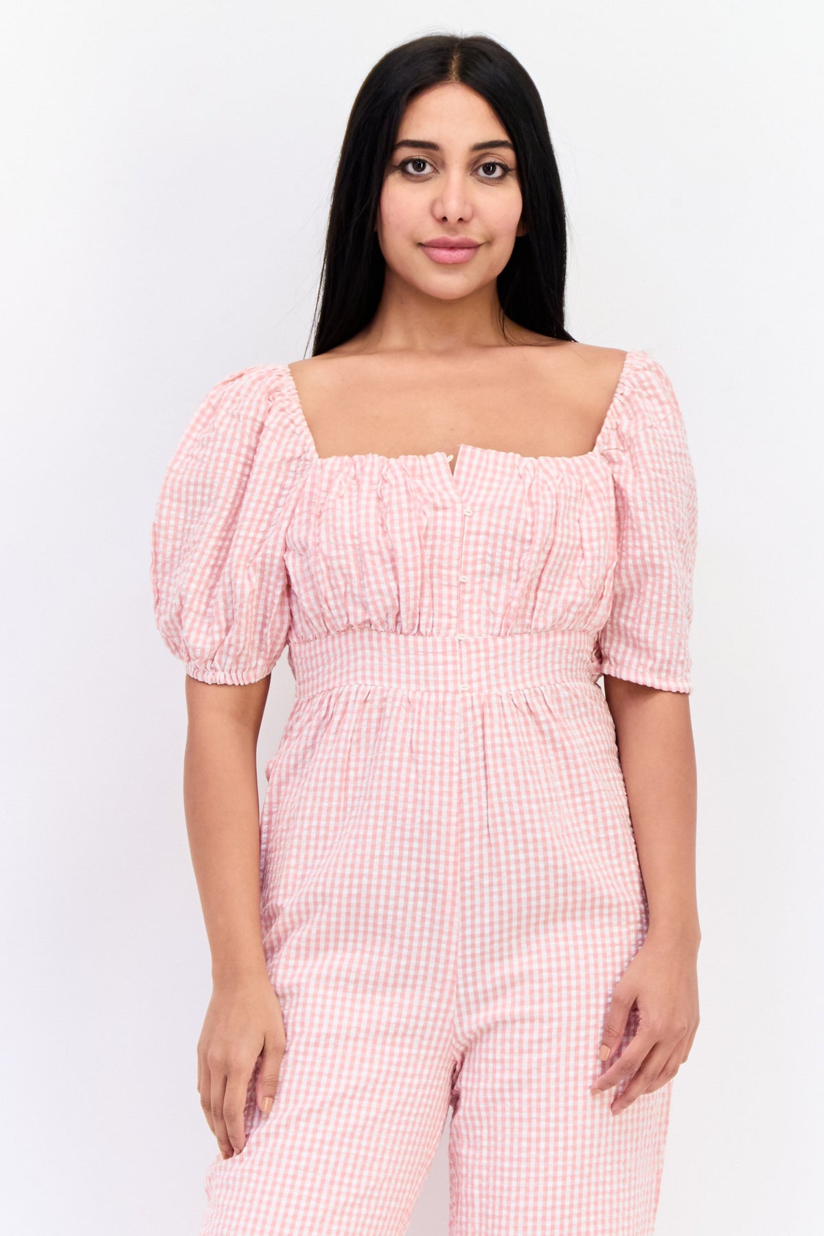 Short Sleeves Gingham Print Jumpsuit