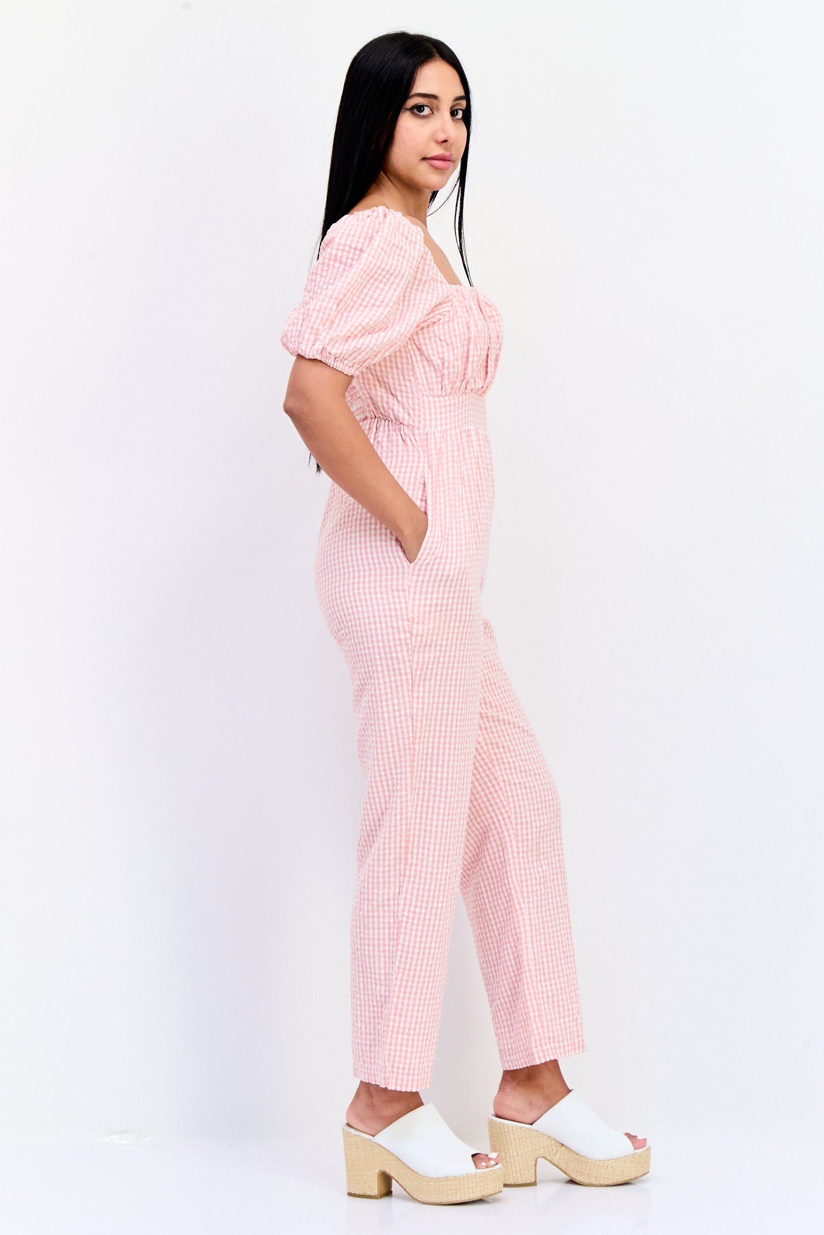 Short Sleeves Gingham Print Jumpsuit