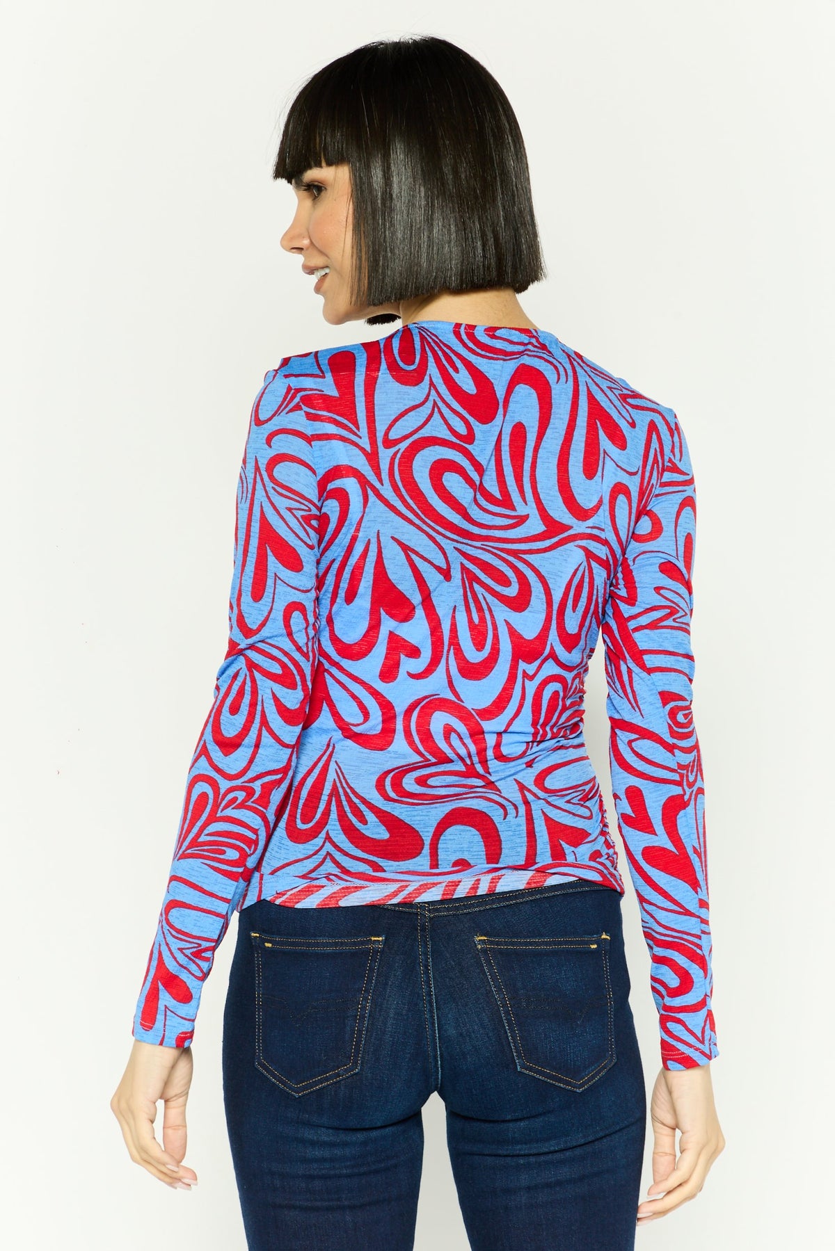 Twisted Neck Long Sleeve All Over Print Top