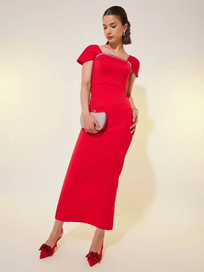 Embellishment Trim Short Sleeve Sheath Maxi Dress