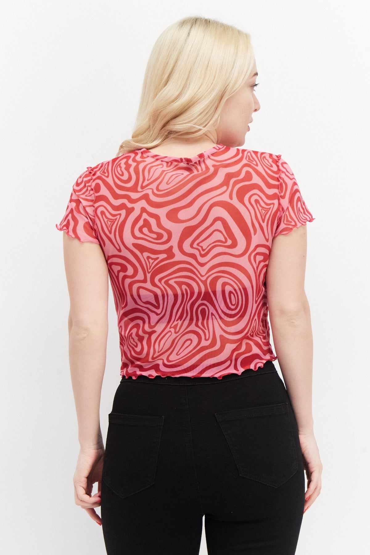 Round Neck Short Sleeve Allover Print Blouse Top