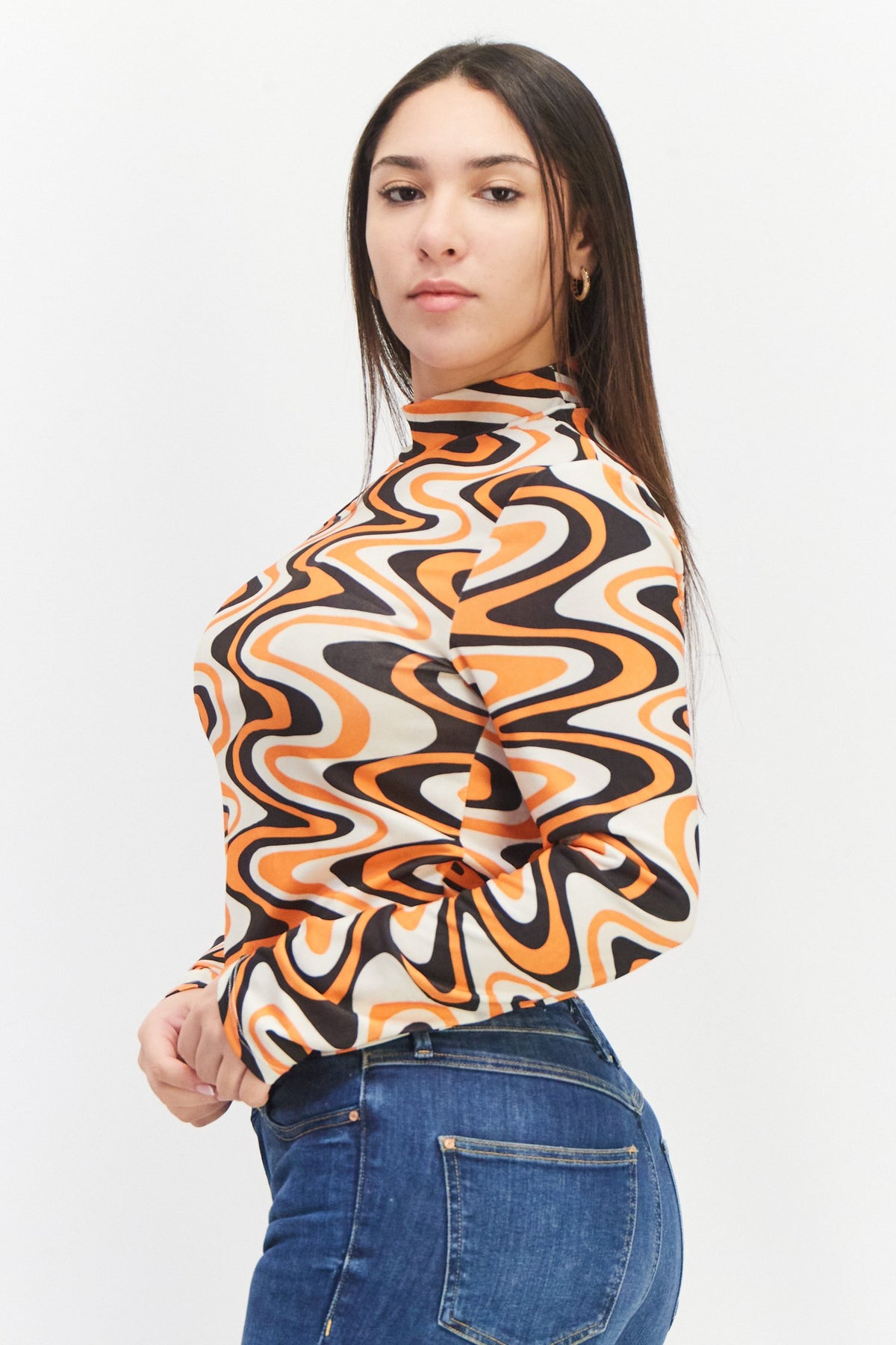 High Neck Long Sleeve Allover Print Blouse