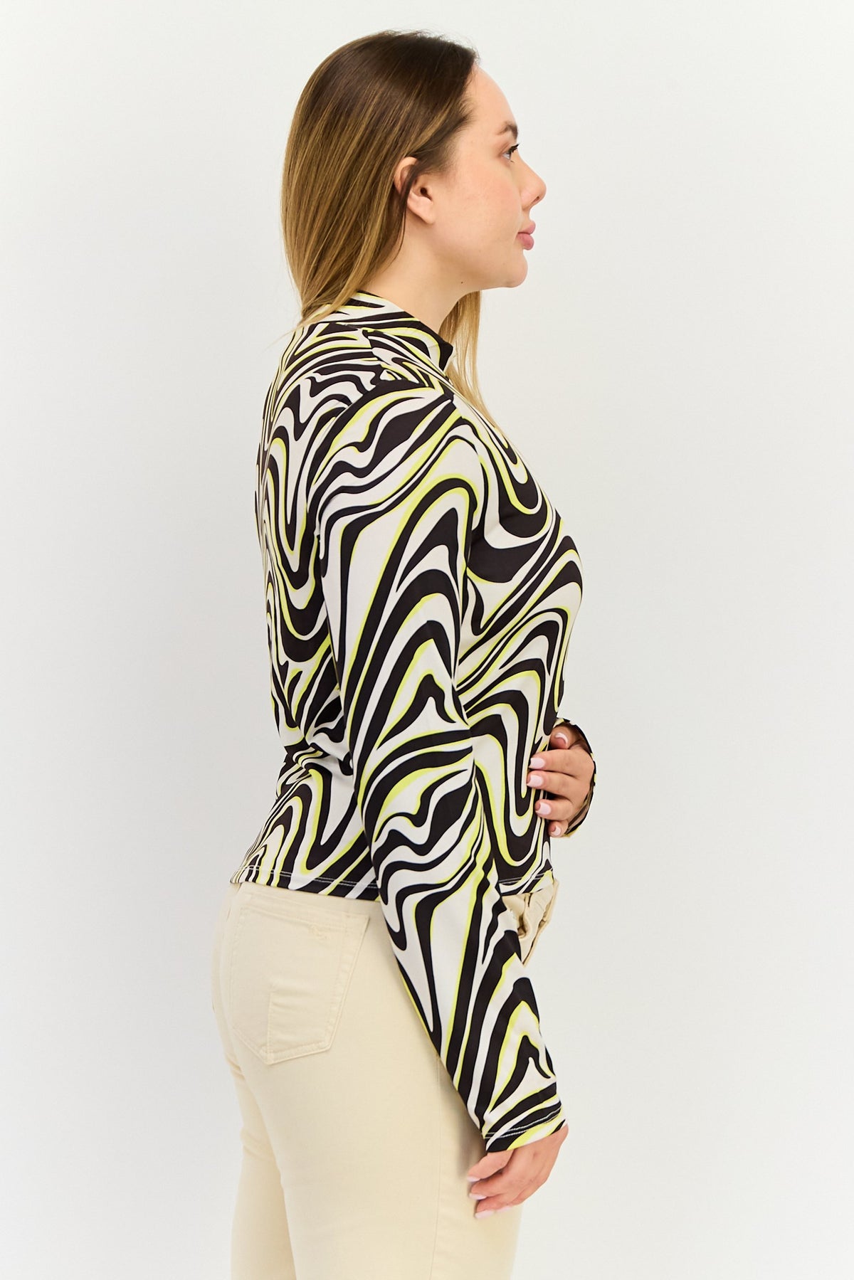 High Neck Long Sleeve Allover Print Tops